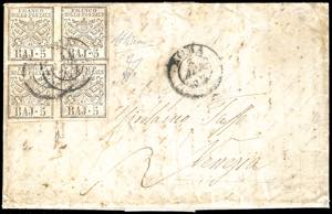 1852 - 5 baj bianco rosaceo (6a), blocco di ... 