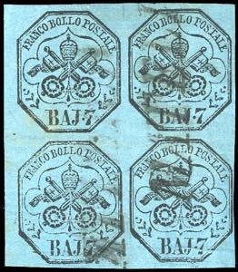 1852 - 7 baj azzurro (8), blocco di quattro, ... 