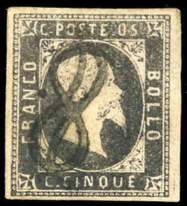 1851 - 5 cent. nero grigiastro (1d), ... 