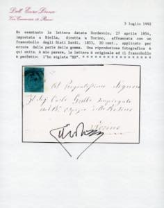 1854 - 20 cent. azzurro (5), bordo ... 