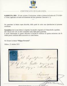 1854 - 20 cent. azzurro (5), bordo ... 