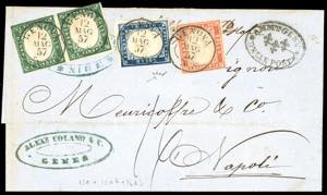 1857 - 5 cent. verde mirto, coppia, 20 cent. ... 