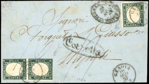 1857 - 5 cent. verde mirto scuro (13Ab), tre ... 