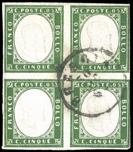 1863 - 5 cent. verde cupo (13E), blocco di ... 