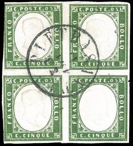 1863 - 5 cent. verde cupo (13E), blocco di ... 