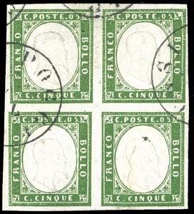 1863 - 5 cent. verde cupo (13E), blocco di ... 