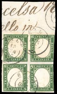 1863 - 5 cent. verde cupo (13E), blocco di ... 