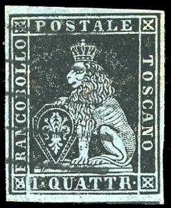 1851 - 1 quattrino nero su azzurro (1a), ... 