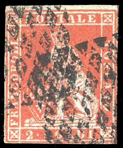 1851 - 2 soldi scarlatto su azzurro (3), ... 