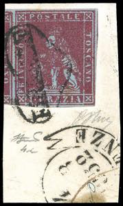 1851 - 1 crazia carminio violaceo su azzurro ... 