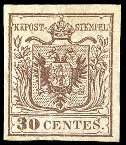 1850 - 30 cent. bruno, I tipo, prima ... 