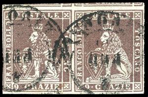 1851 - 9 crazie bruno violaceo (8), coppia ... 
