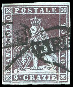 1851 - 9 crazie viola bruno scurissimo su ... 