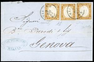 1863 - 10 cent. bistro (1f), tre esemplari, ... 