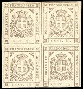 1859 - 15 cent. bruno (13), blocco di ... 