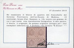 1859 - 15 cent. bruno (13), blocco ... 