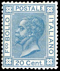 1867 - 20 cent. azzurro, tiratura di Torino ... 