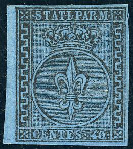 1852 - 40 cent. azzurro (5), margine di ... 