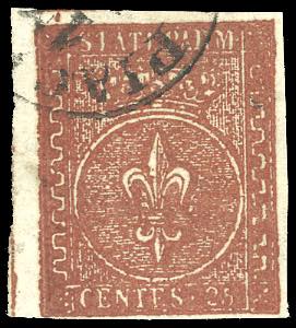1855 - 25 cent. bruno rosso (8), bordo di ... 