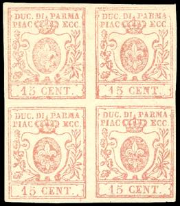 1859 - 15 cent. vermiglio (9), blocco di ... 