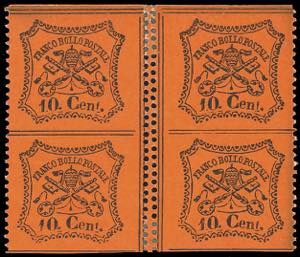 1867 - 10 cent. vermiglio arancio, blocco di ... 