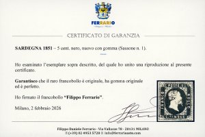 1851 - 5 cent. nero (1), nuovo, ... 