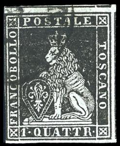 1851 - 1 quattrino nero su azzurro (1a), tre ... 