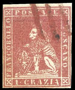 1851 - 1 crazie carminio chiaro su grigio ... 