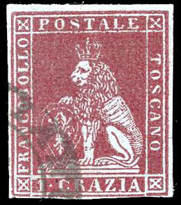 1851 - 1 crazia carminio cupo su azzurro ... 