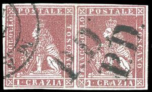 1851 - 1 crazia carminio su azzurro (4b), ... 
