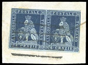 1851 - 6 crazie azzurro scuro su azzurro ... 