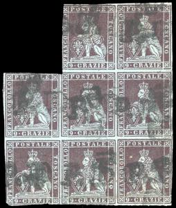 1851 - 9 crazie viola bruno scurissimo su ... 