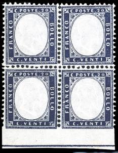 1862 - 20 cent. indaco, blocco di quattro, i ... 