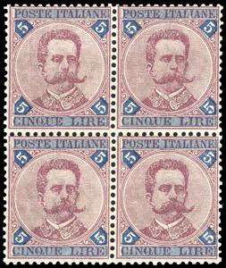 1891 - 5 lire carminio e azzurro Umberto I ... 