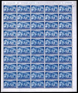 1949 - 50 lire UPU (599), foglio completo di ... 