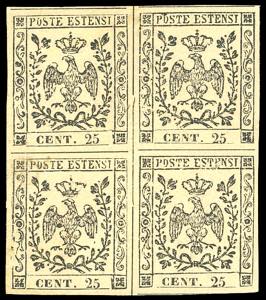 1852 - 25 cent. camoscio chiaro (4), blocco ... 