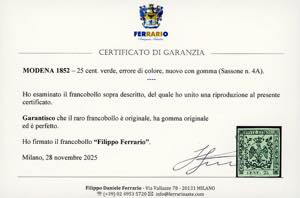 1852 - 25 cent. verde, errore di ... 