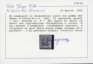 1922 - 15 cent., soprastampa BLP ... 