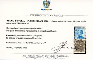 1924 - 25 cent. Piperno (6), gomma ... 