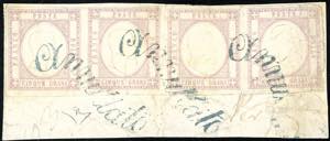 1861 - 5 grana lilla (21c), striscia di ... 