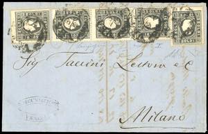 1859 - 3 soldi nero, I tipo (24), striscia ... 