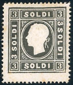 1858 - 3 soldi nero grigio, I tipo, dent. 16 ... 