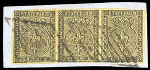 1852 - 5 cent. giallo arancio (1), striscia ... 