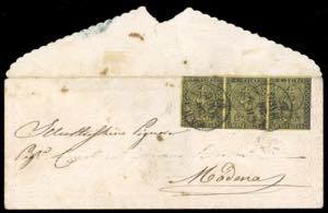 1857 - 5 cent. giallo arancio (1), striscia ... 