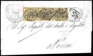1858 - 3 baj giallo paglia (4d), striscia ... 