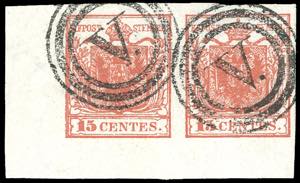 1850 - 15 cent. rosso, I tipo, carta a mano ... 