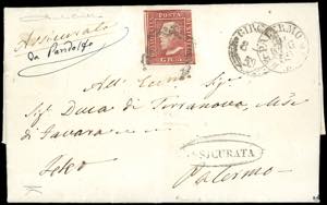1859 - 5 grana carminio, I tavola (9a), ben ... 