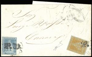 1853 - 1 soldo giallo oro su carta azzurra e ... 