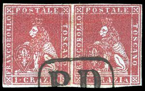 1851 - 1 crazia carminio cupo su azzurro ... 