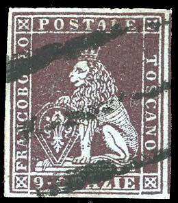 1851 - 9 crazie bruno scurissimo su azzurro ... 